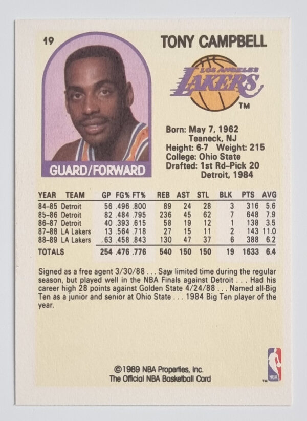 1989-90 Hoops #19 Tony Campbell RC – Image 2