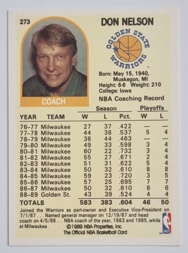 1989-90 Hoops #273 Don Nelson CO – Image 2