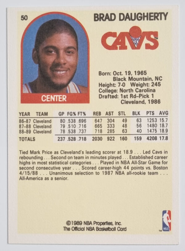 1989-90 Hoops #50 Brad Daugherty – Image 2