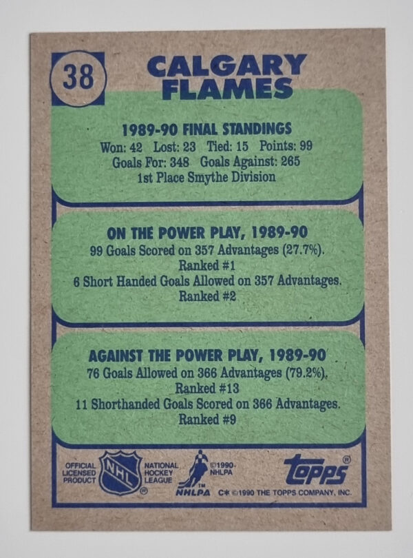 1990-91 Topps #38 Flames Team/Brian Bradley/Jim Peplinski/Dana Murzyn – Image 2