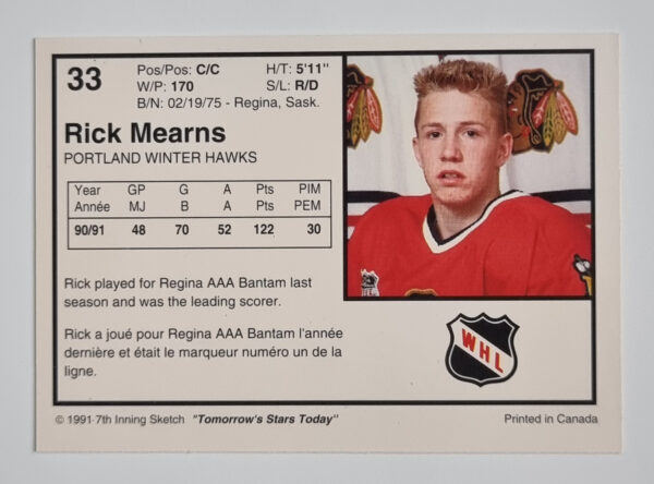 1991-92 7th Inning Sketch WHL #33 Rick Mearns – Image 2