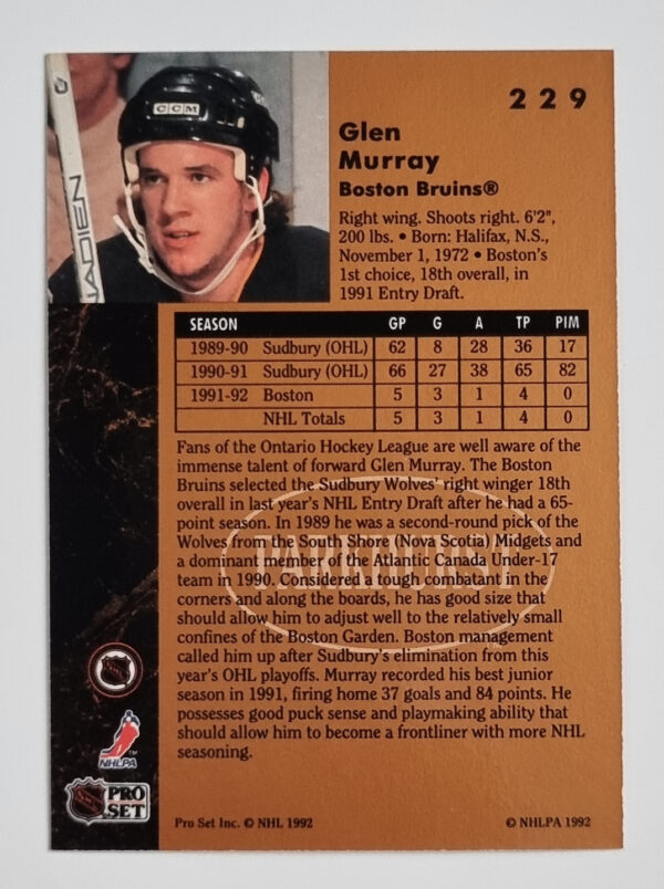 1991-92 Parkhurst #229 Glen Murray RC – Image 2