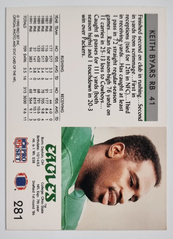 1992 Pro Set #281 Keith Byars – Image 2