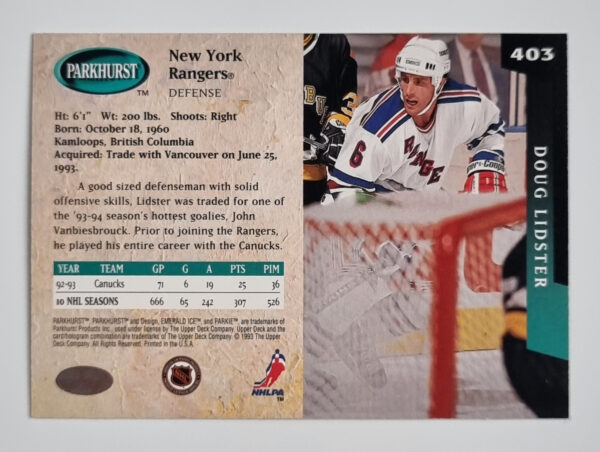 1993-94 Parkhurst #403 Doug Lidster – Image 2