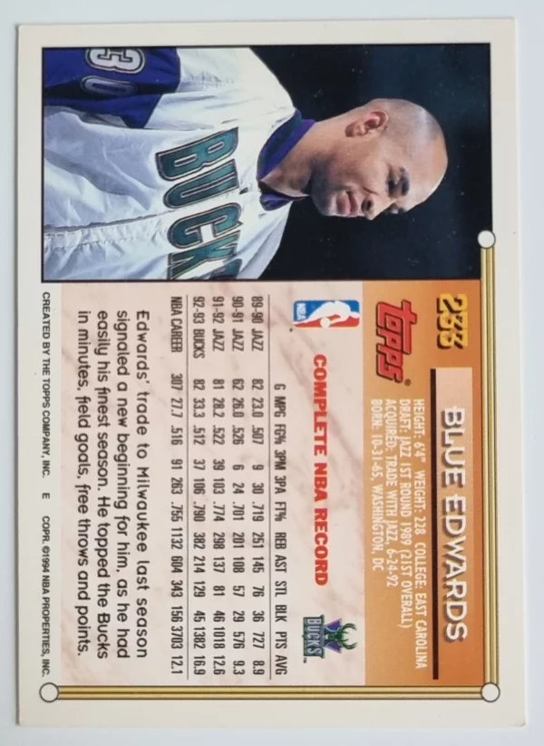 1993-94 Topps #233 Blue Edwards – Image 2