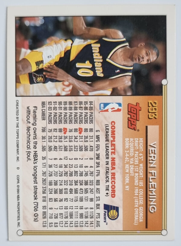 1993-94 Topps #293 Vern Fleming – Image 2
