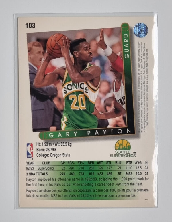 1993-94 Upper Deck International French #103 Gary Payton – Image 2