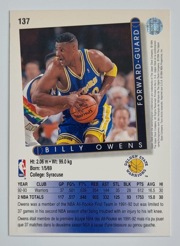 1993-94 Upper Deck International French #137 Billy Owens – Image 2