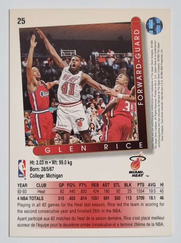 1993-94 Upper Deck International French #25 Glen Rice – Image 2