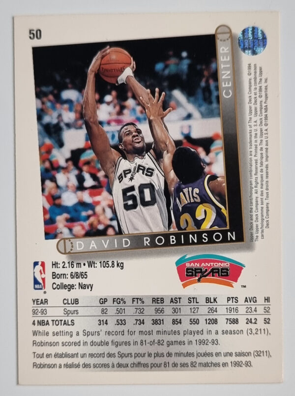 1993-94 Upper Deck International French #50 David Robinson – Image 2