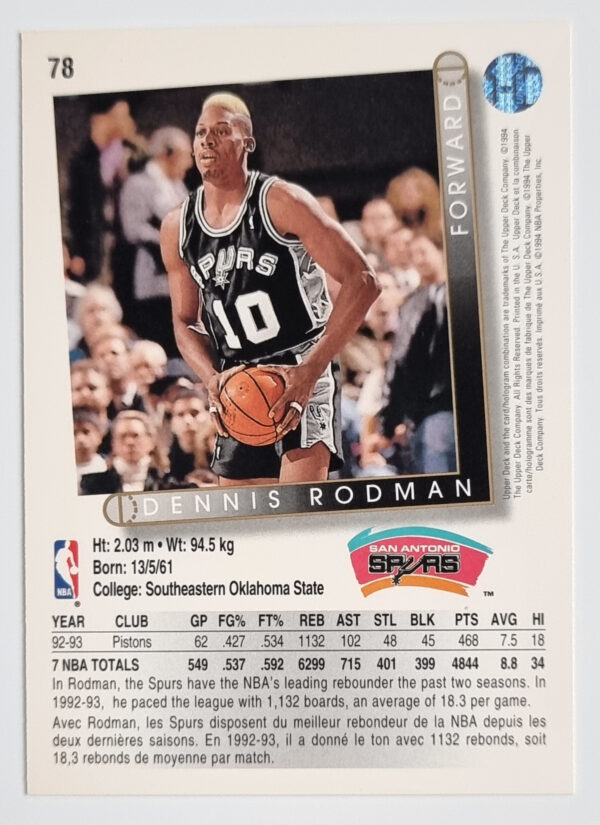 1993-94 Upper Deck International French #78 Dennis Rodman – Image 2