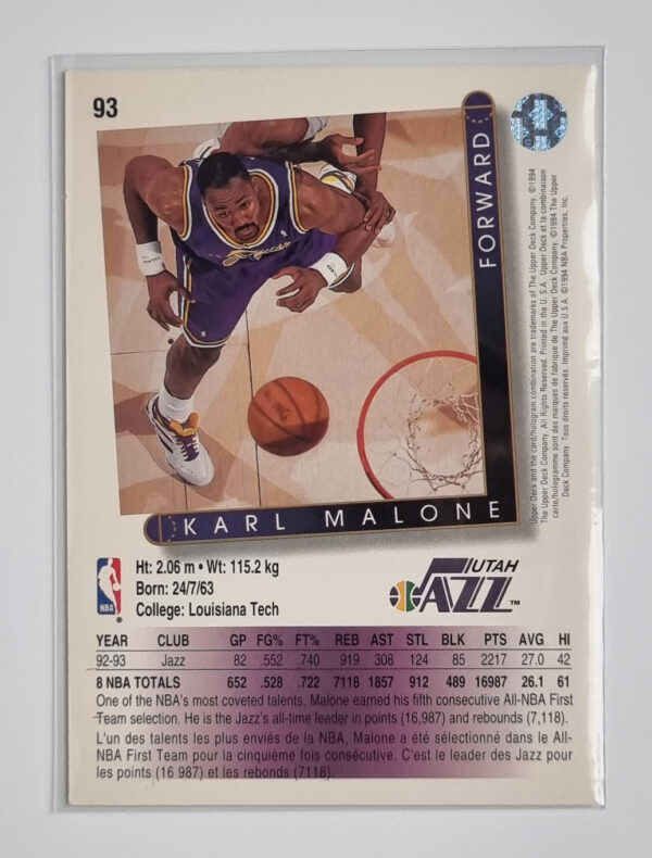 1993-94 Upper Deck International French #93 Karl Malone – Image 2