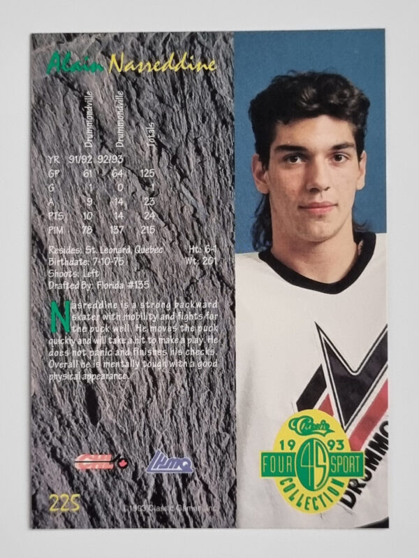 1993 Classic Four Sport #225 Alain Nasreddine – Image 2