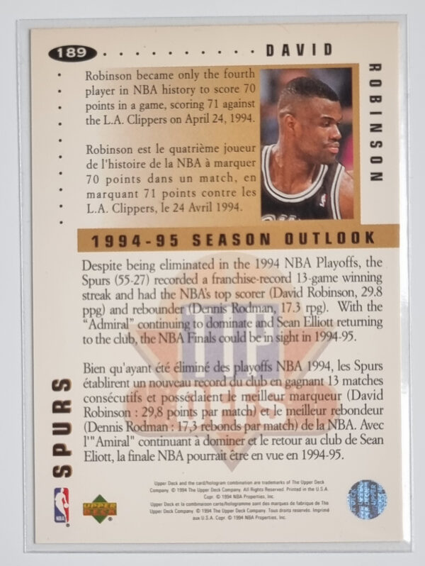 1994-95 Collector's Choice International French #189 David Robinson TO – Image 2
