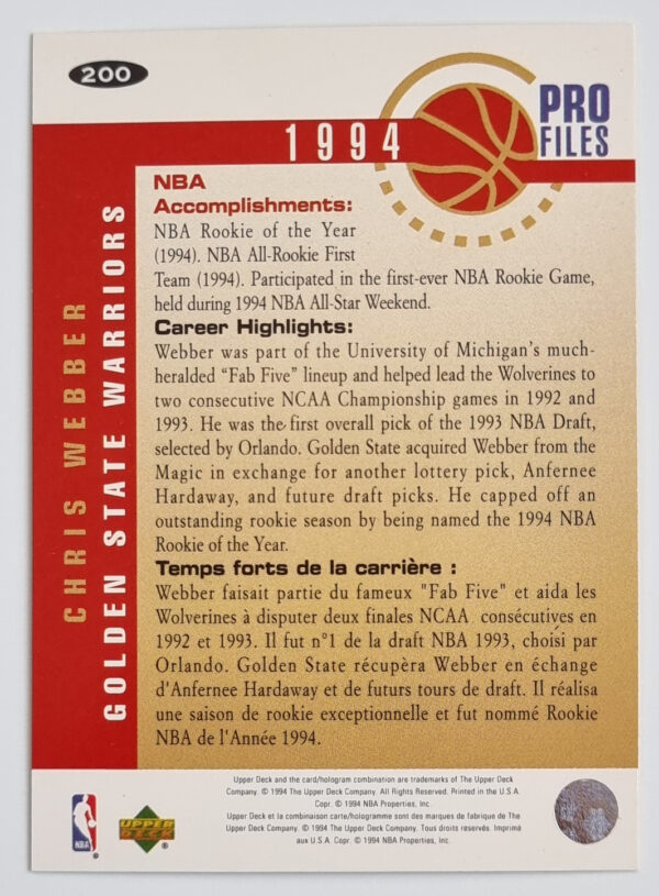 1994-95 Collector's Choice International French #200 Chris Webber PRO – Image 2