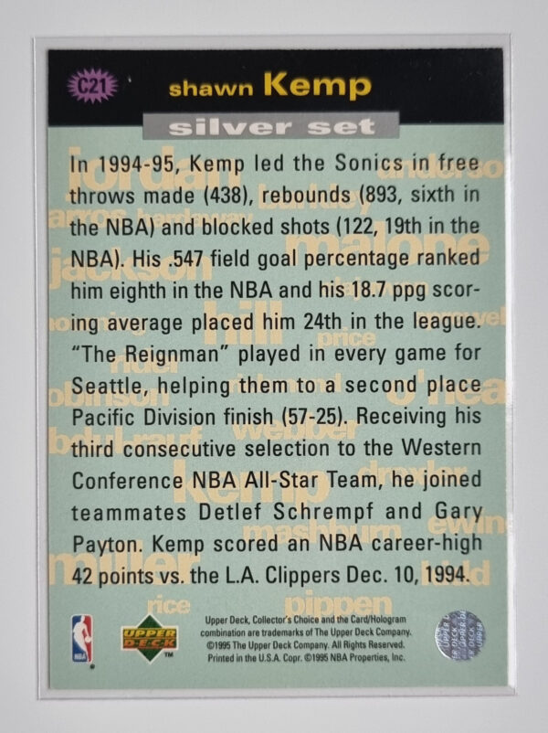 1995-96 Collector's Choice Crash the Game Scoring Silver Redemption #C21 Shawn Kemp – Image 2