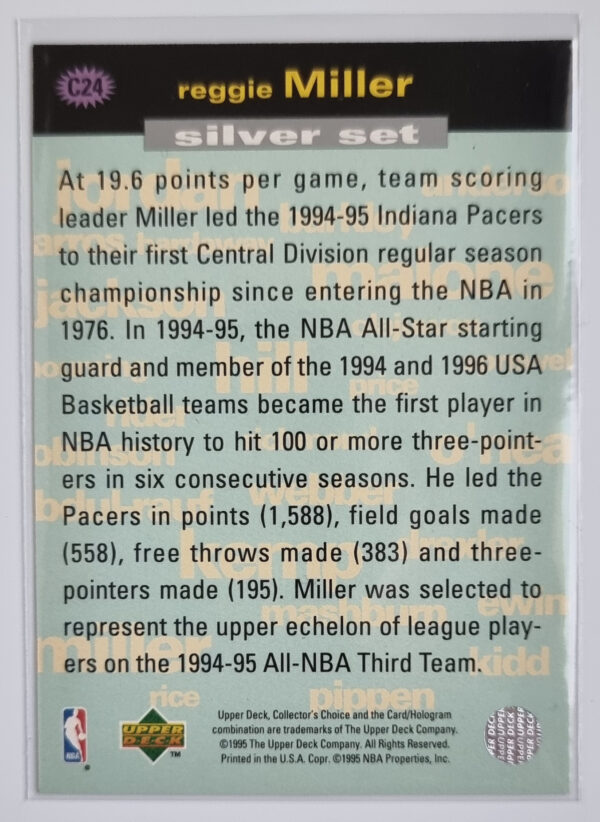 1995-96 Collector's Choice Crash the Game Scoring Silver Redemption #C24 Reggie Miller – Image 2