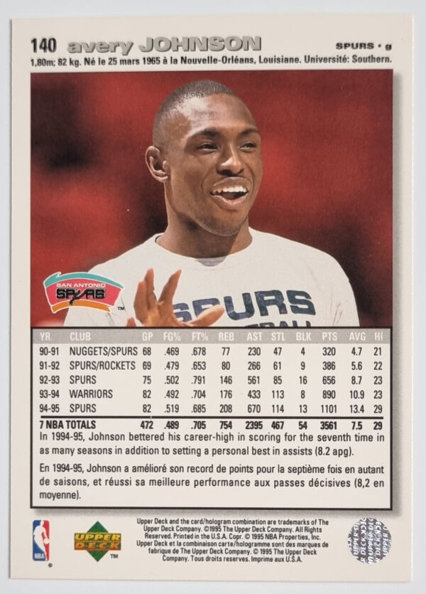 1995-96 Collector's Choice International French I #140 Avery Johnson – Image 2