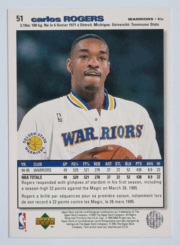 1995-96 Collector's Choice International French I #51 Carlos Rogers – Image 2