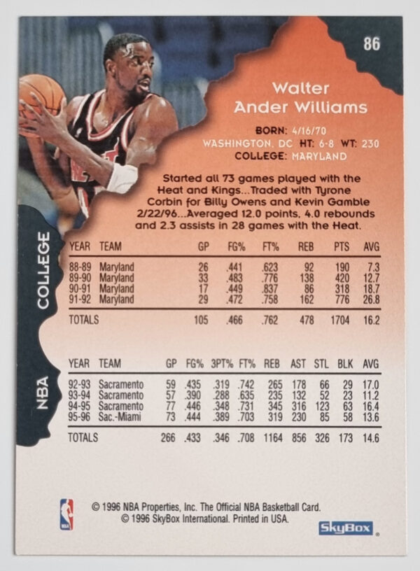 1996-97 Hoops #86 Walt Williams – Image 2