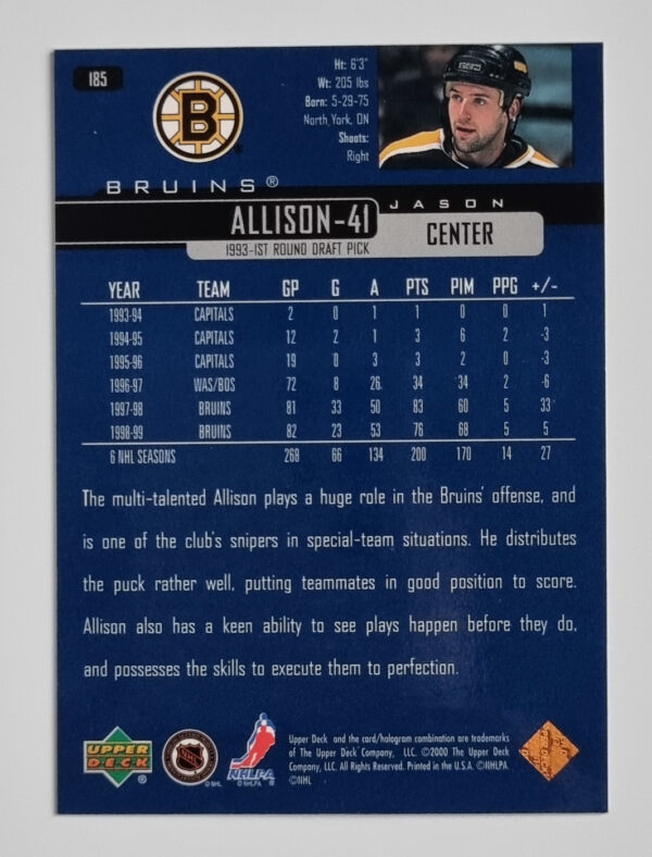 1999-00 Upper Deck #185 Jason Allison – Image 2