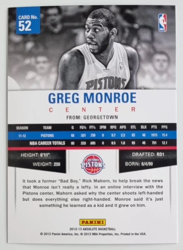 2012-13 Absolute #52 Greg Monroe – Image 2