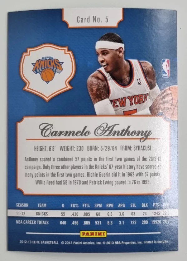 2012-13 Elite #5 Carmelo Anthony – Image 2