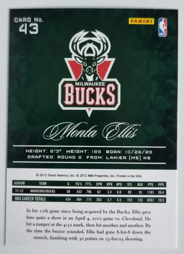 2012-13 Prestige #43 Monta Ellis – Image 2