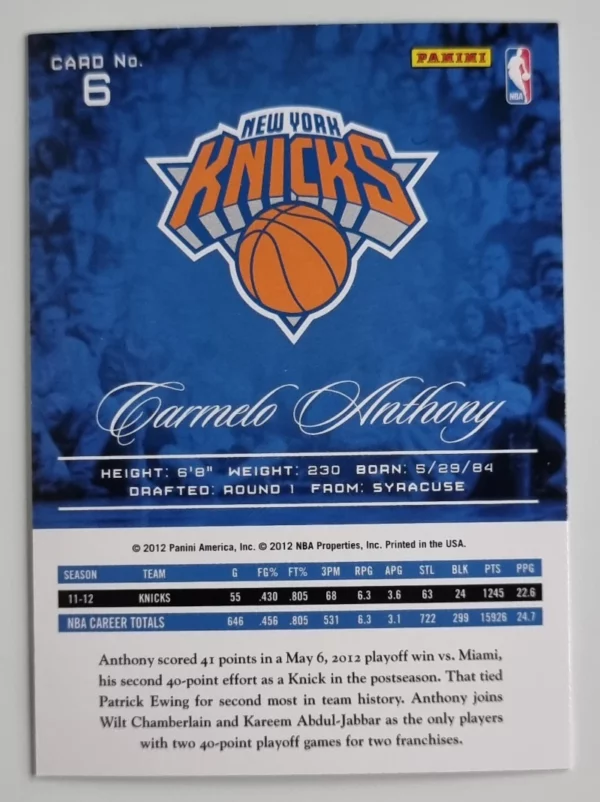 2012-13 Prestige #6 Carmelo Anthony – Image 2