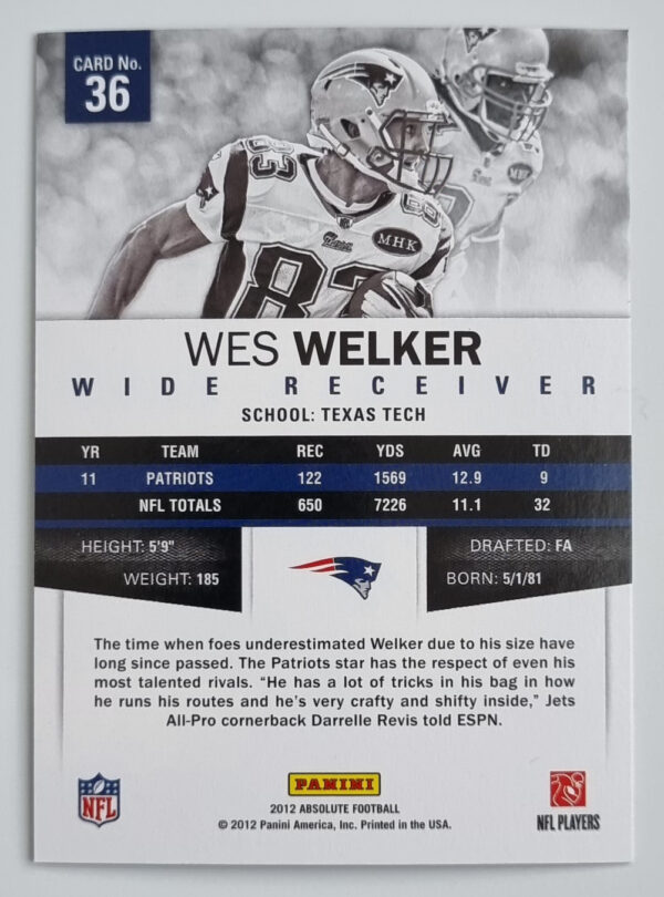 2012 Absolute Retail #36 Wes Welker – Image 2