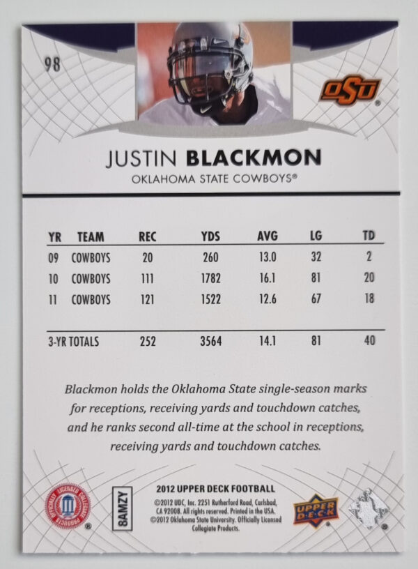 2012 Upper Deck #98 Justin Blackmon – Image 2