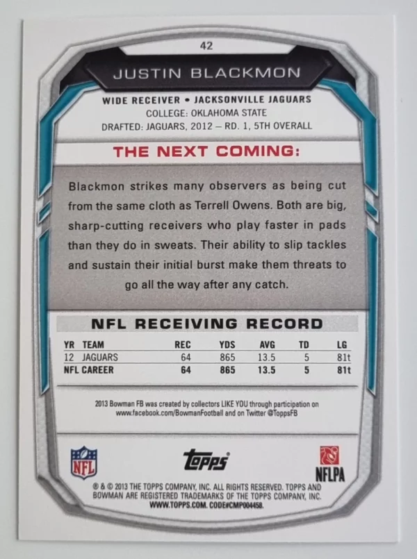 2013 Bowman #42 Justin Blackmon – Image 2
