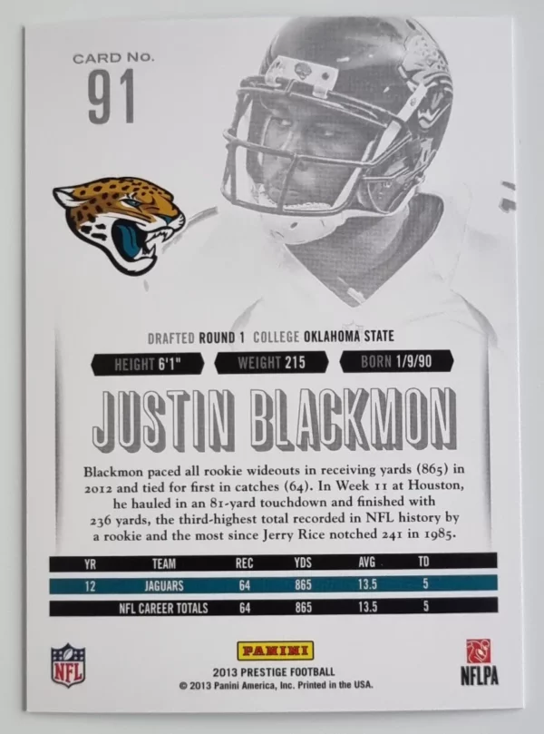2013 Prestige #91 Justin Blackmon – Image 2