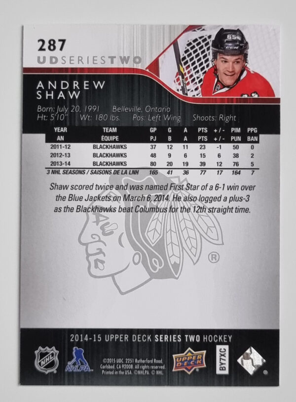 2014-15 Upper Deck #287 Andrew Shaw – Image 2