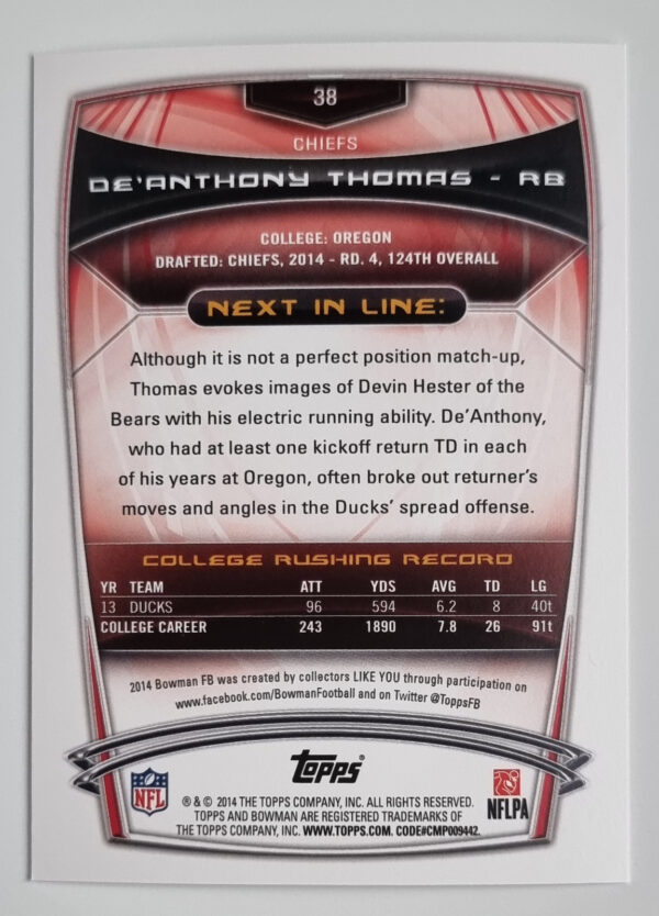 2014 Bowman #R38 De'Anthony Thomas RC – Image 2