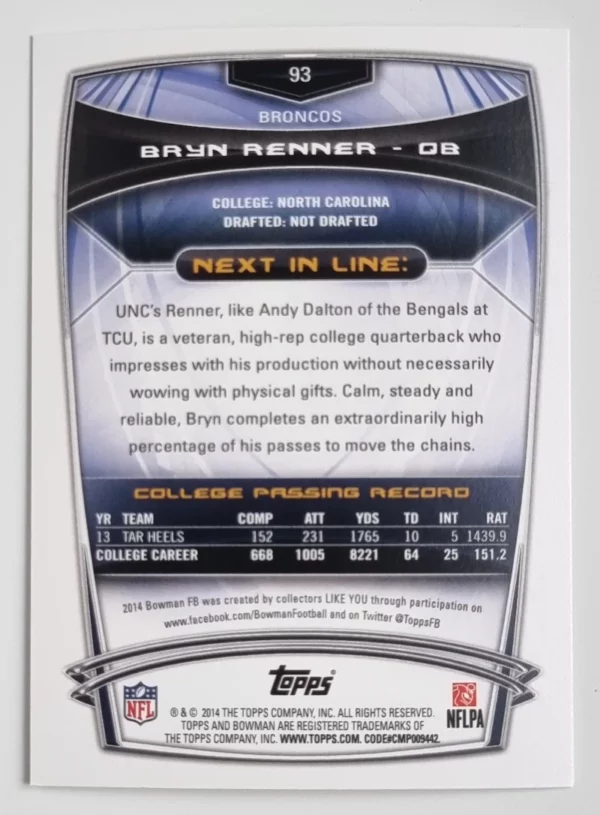 2014 Bowman #R93 Bryn Renner RC – Image 2