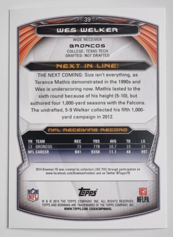 2014 Bowman #V39 Wes Welker – Image 2