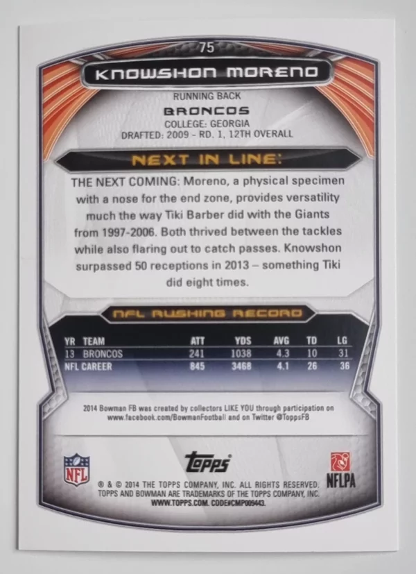 2014 Bowman #V75 Knowshon Moreno – Image 2