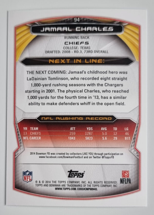 2014 Bowman #V94 Jamaal Charles – Image 2