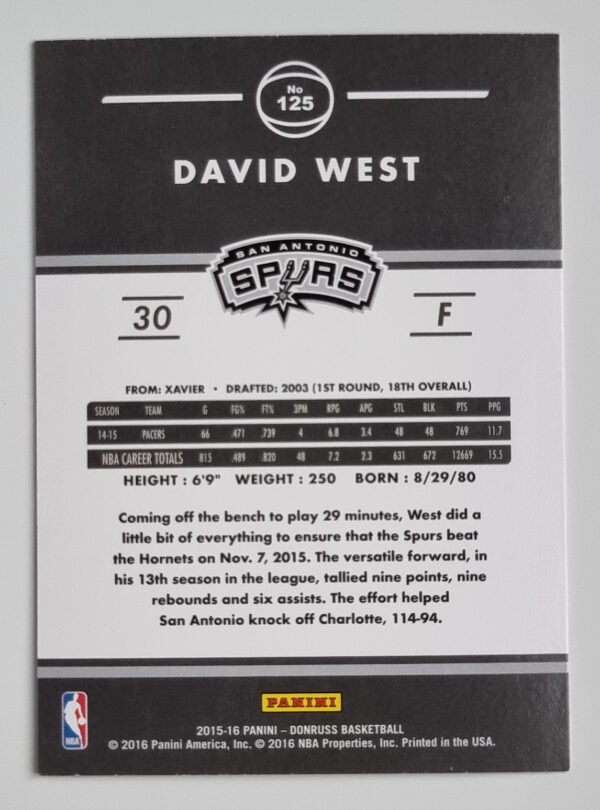 2015-16 Donruss #125 David West – Image 2