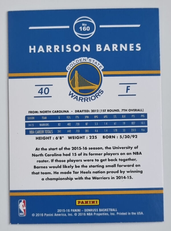 2015-16 Donruss #160 Harrison Barnes – Image 2