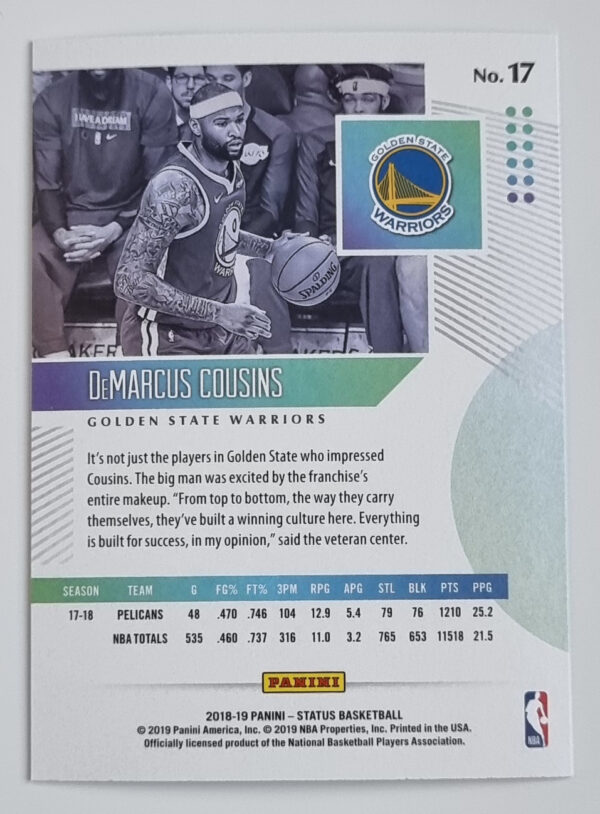 2018-19 Panini Status #17 DeMarcus Cousins – Image 2