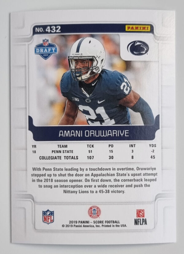 2019 Score #432 Amani Oruwariye RC – Image 2