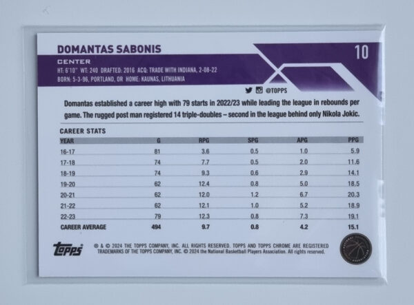 2023-24 Topps Chrome Blue Basketball Refractors #10 Domantas Sabonis – Image 2