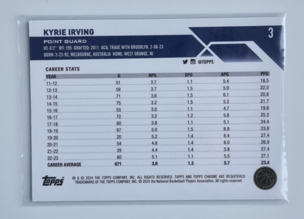2023-24 Topps Chrome Blue Basketball Refractors #3 Kyrie Irving – Image 2