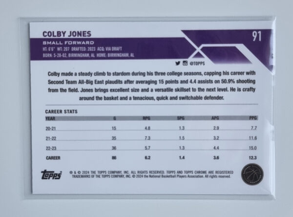2023-24 Topps Chrome Blue Basketball Refractors #91 Colby Jones – Image 2
