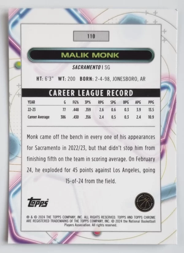 2023-24 Topps Cosmic Chrome #110 Malik Monk – Image 2