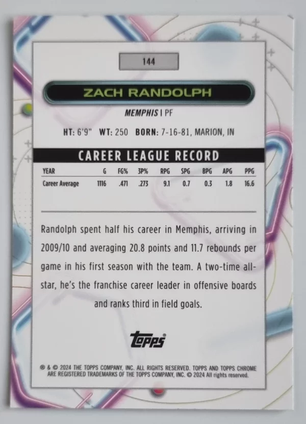 2023-24 Topps Cosmic Chrome #144 Zach Randolph – Image 2