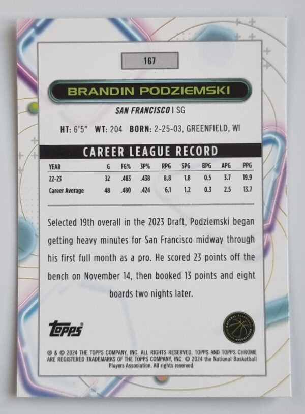 2023-24 Topps Cosmic Chrome #167 Brandin Podziemski RC – Image 2