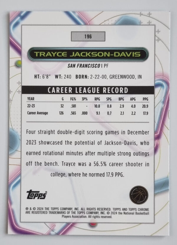 2023-24 Topps Cosmic Chrome #196 Trayce Jackson-Davis RC – Image 2